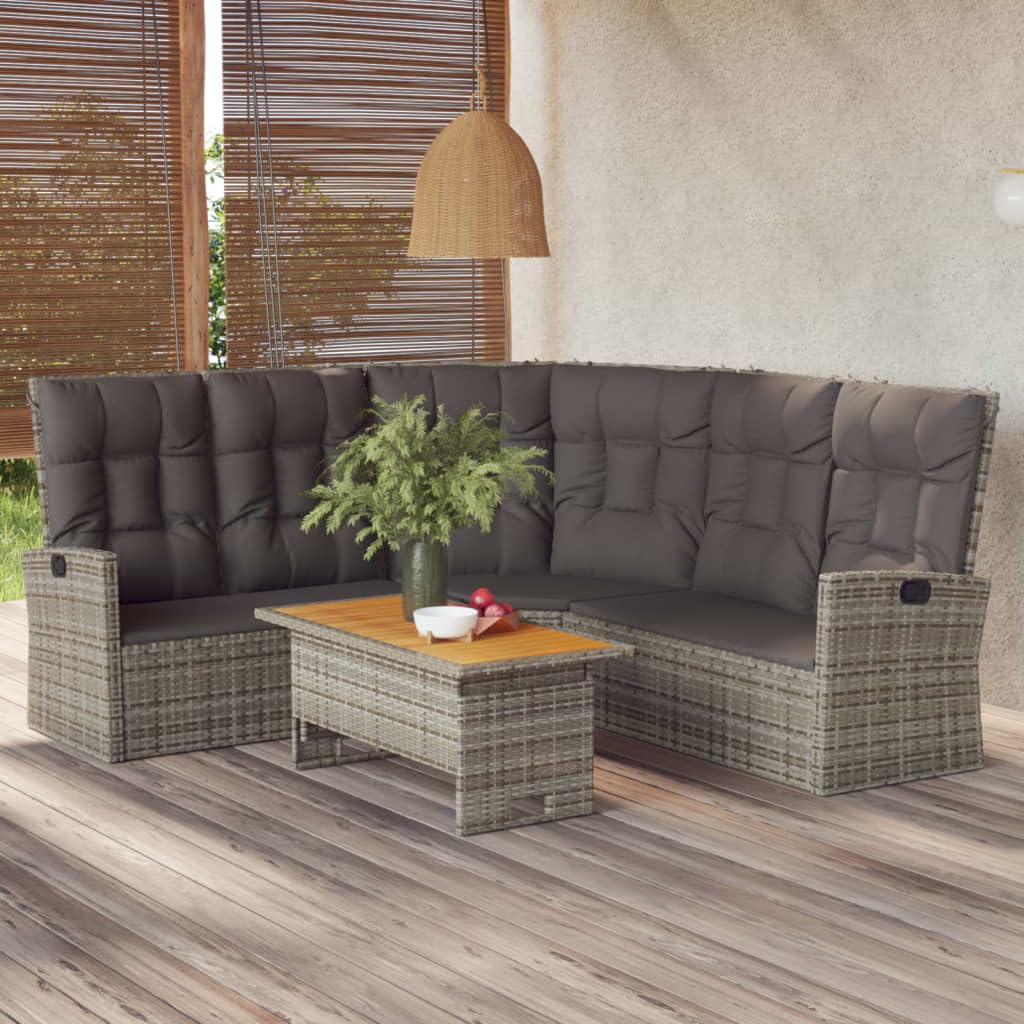 vidaXL 2 Piece Patio Lounge Set, Grey Poly Rattan with Cushions - Durable, Weather Resistant, Adjustable Acacia Wood Tabletop, C