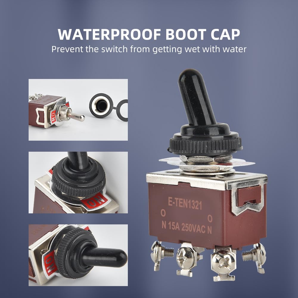 Cnaodun Waterproof Toggle Switch On-On 30A 12Vdc/15A 250Vac 6 Pin 2 Position Marine Dpdt Switch With Weatherproof Boot Cap Cover