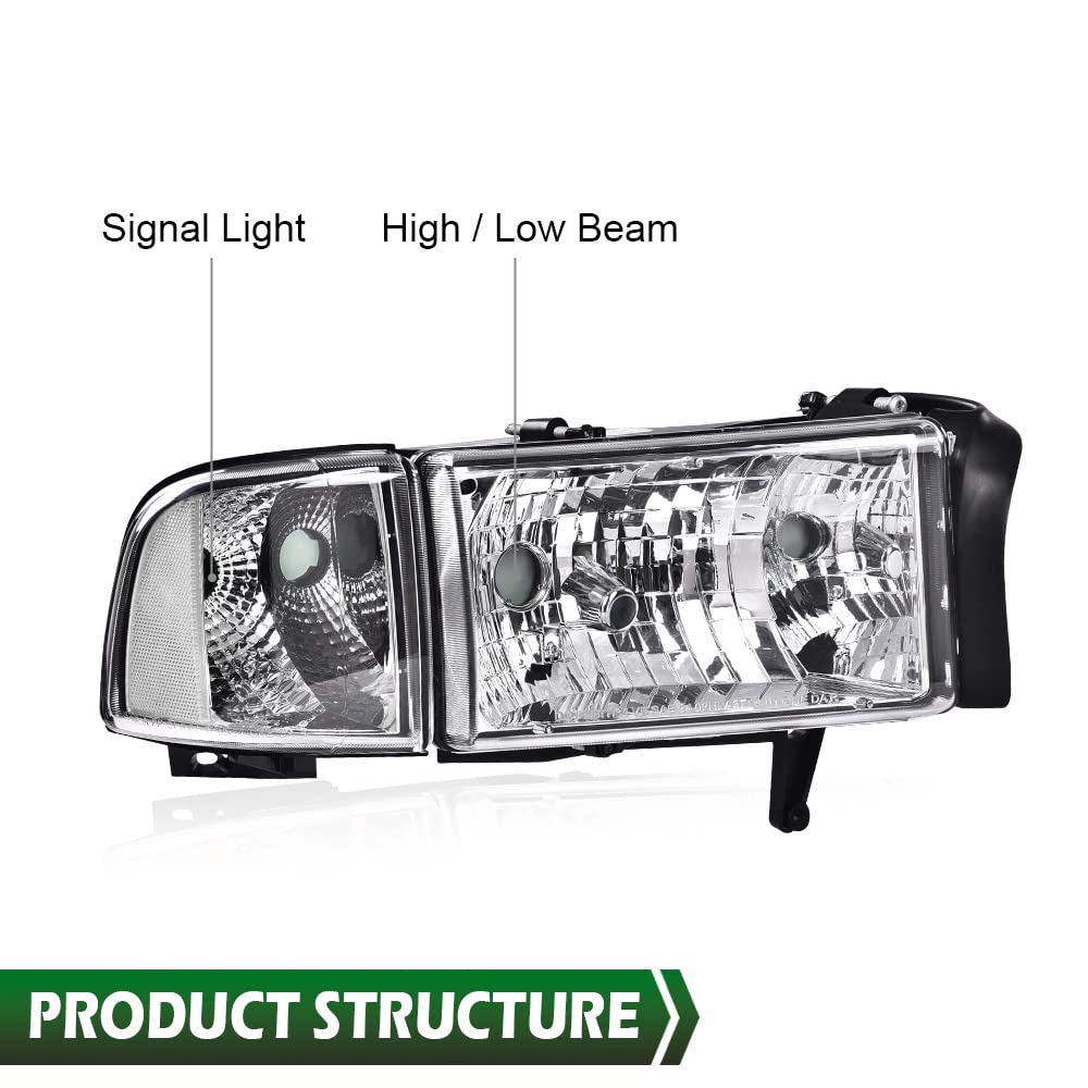 Grand Orange Headlights, Compatible With Dodge Ram 1500 2500 3500 1994 1995 1996 1997 1998 1999 2000 2001 2002 Clear Lens Chrome Housing Clear Reflector