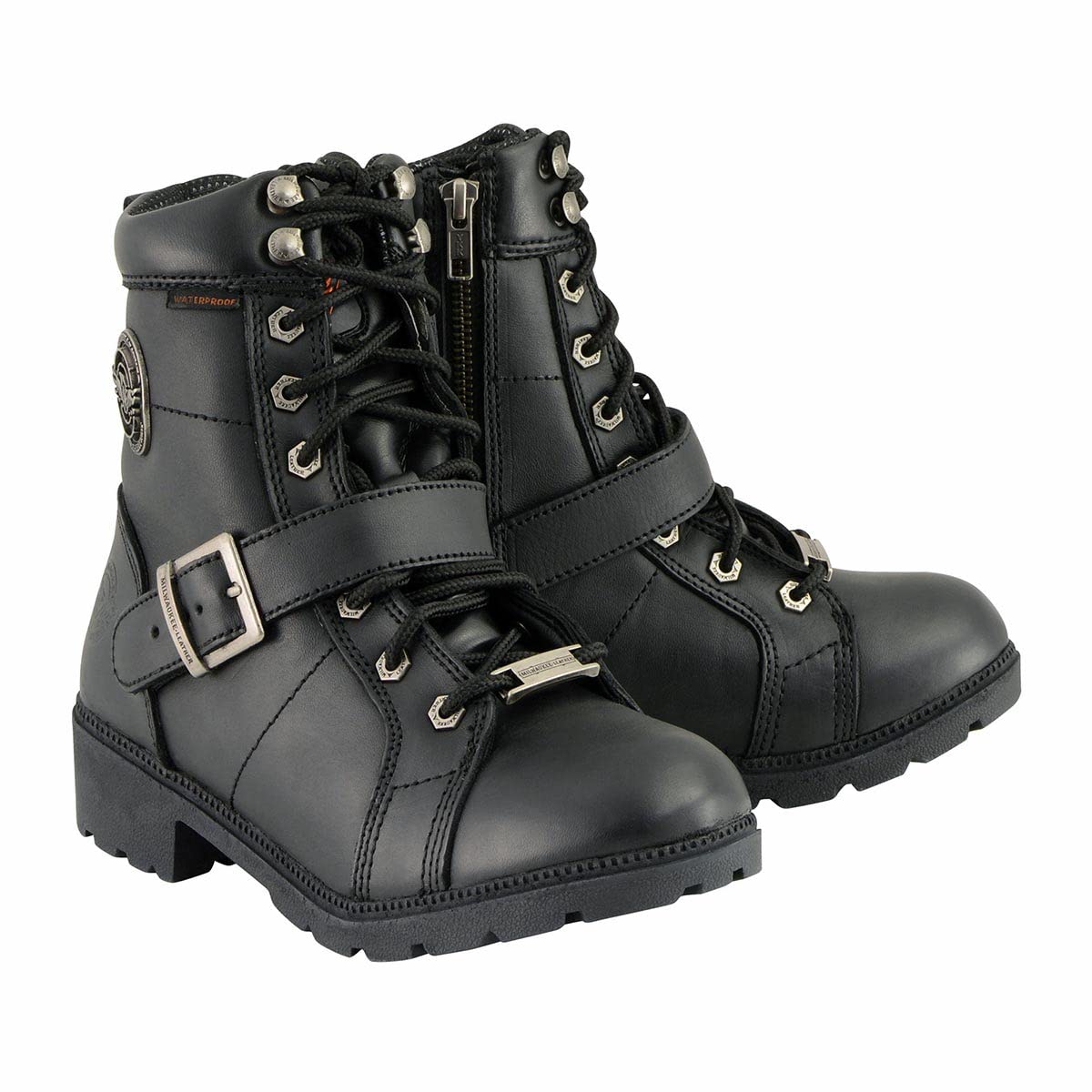 Milwaukee Leather MBL9326WP Women's Premium Black Leather Lace-Up Waterproof Motorcyle Rider Boots - 9