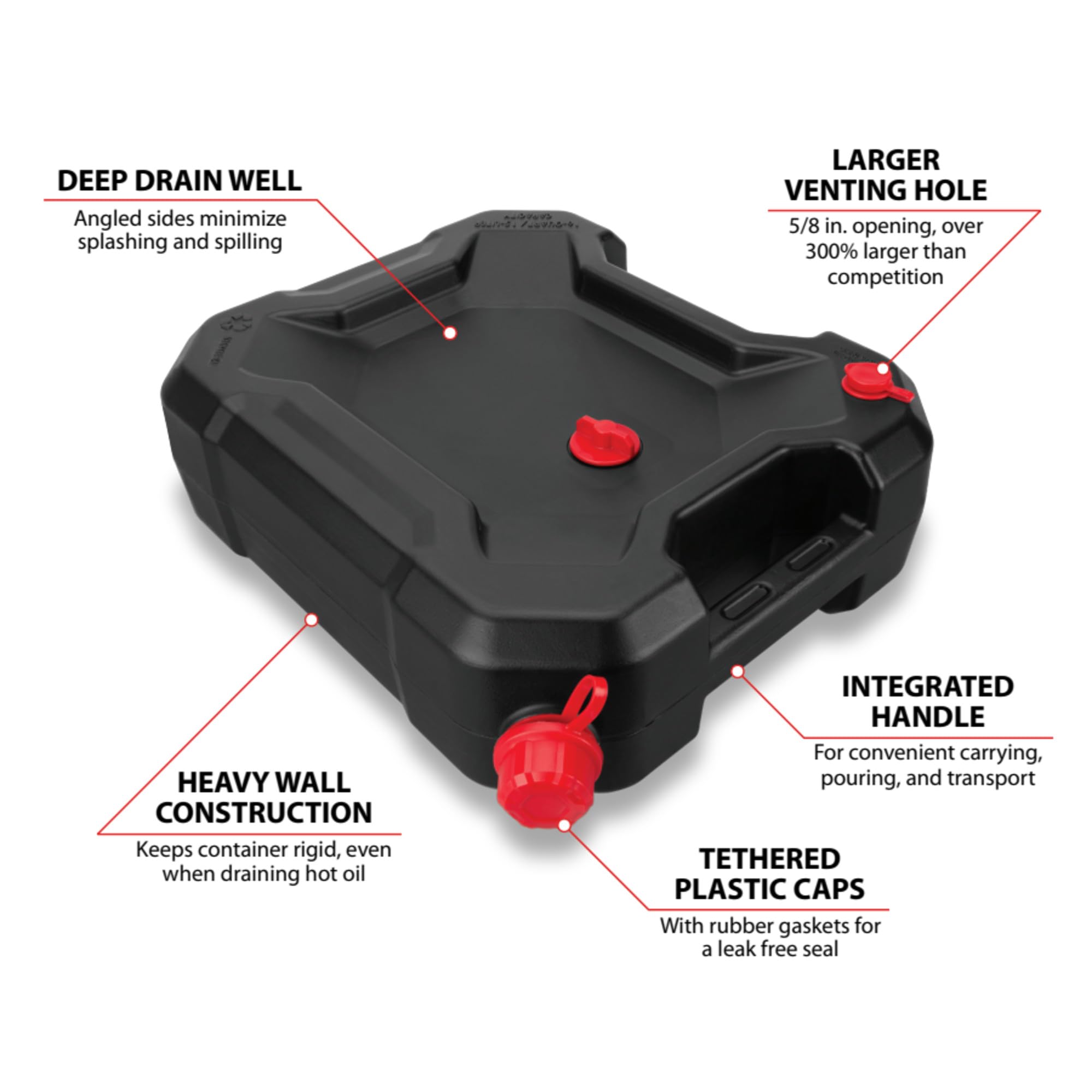 Performance Tool W4078 24-Quart Oil Drain Container, Deep Drain Well, Integrated Handle, Sealing Rubber Gaskets, Black
