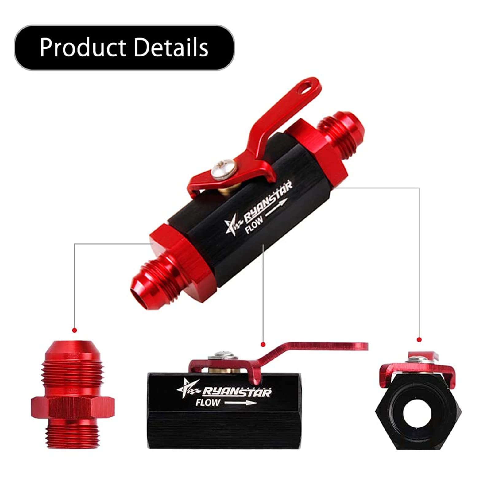 RYANSTAR AN8 Fuel Shut Off Valve 8AN to 8AN Male Fitting Aluminum Anodized (Black&Red)