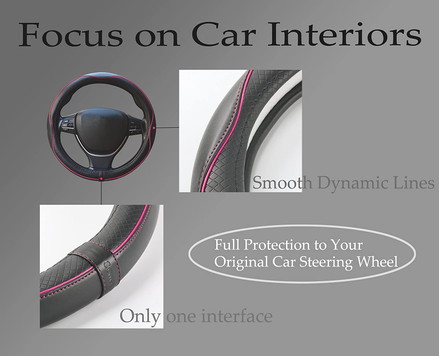 Car Steering Wheel Cover, Anti-Slip, Safety, Soft, Breathable, Heavy Duty, Thick, Full Surround, Sports Style (Black with Pink L