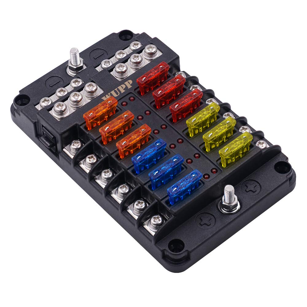 Wupp Boat Fuse Block, Marine Fuse Panel With Led Warning Indicator Damp-Proof Cover - 12 Circuits With Negative Bus Fuse Box Hol