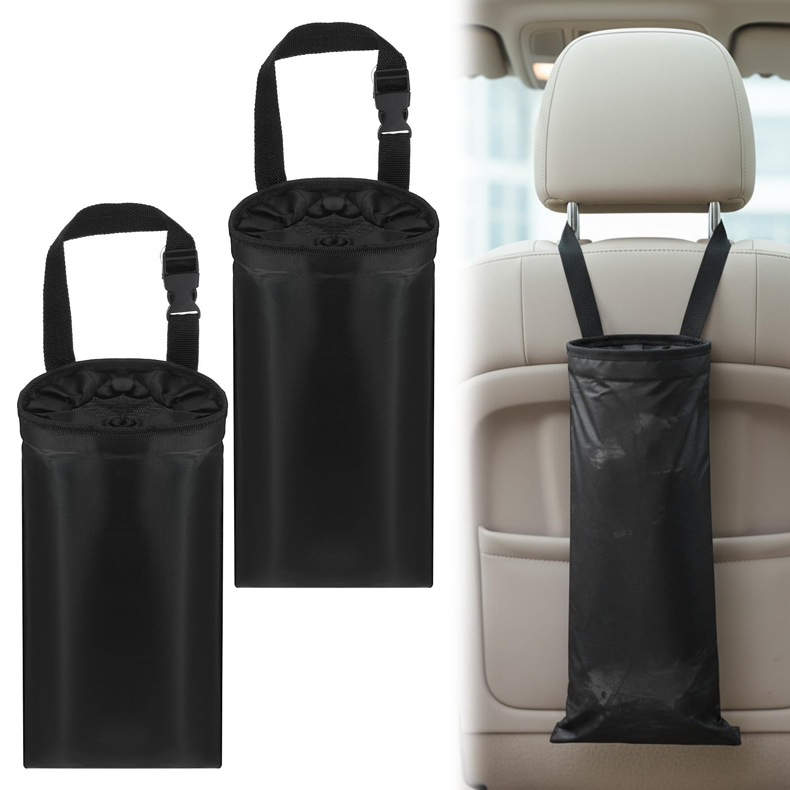 OYOSONABYMY 2 Pack Hanging Washable Car Waste Storage Bag, Durable car dustbin with Elastic Opening for Vehicle Interior Garbag