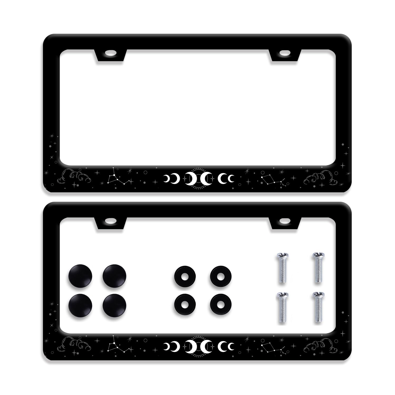 2Pcs Moon Stars License Plate Frame Colorful Galaxy Moon Phase License Plate Funny Stainless Steel Auto Parts Beautiful License 