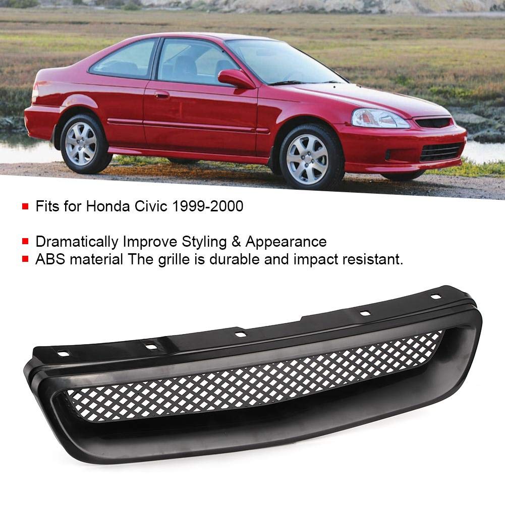 Kimiss Front Hood Bumper Grille Intake Mesh Abs Black Grill Fits For Honda Civic 1999-2000