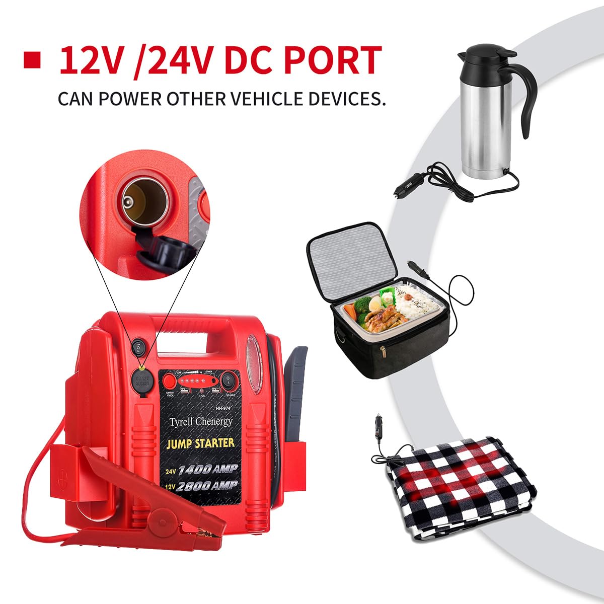 Tyrell Chenergy 12V/24V Jump Starter,2800/1400 Peak Amp,Truck Battery Booster Pack, And Pure Copper Jumper Cables,Heavy Duty Jum