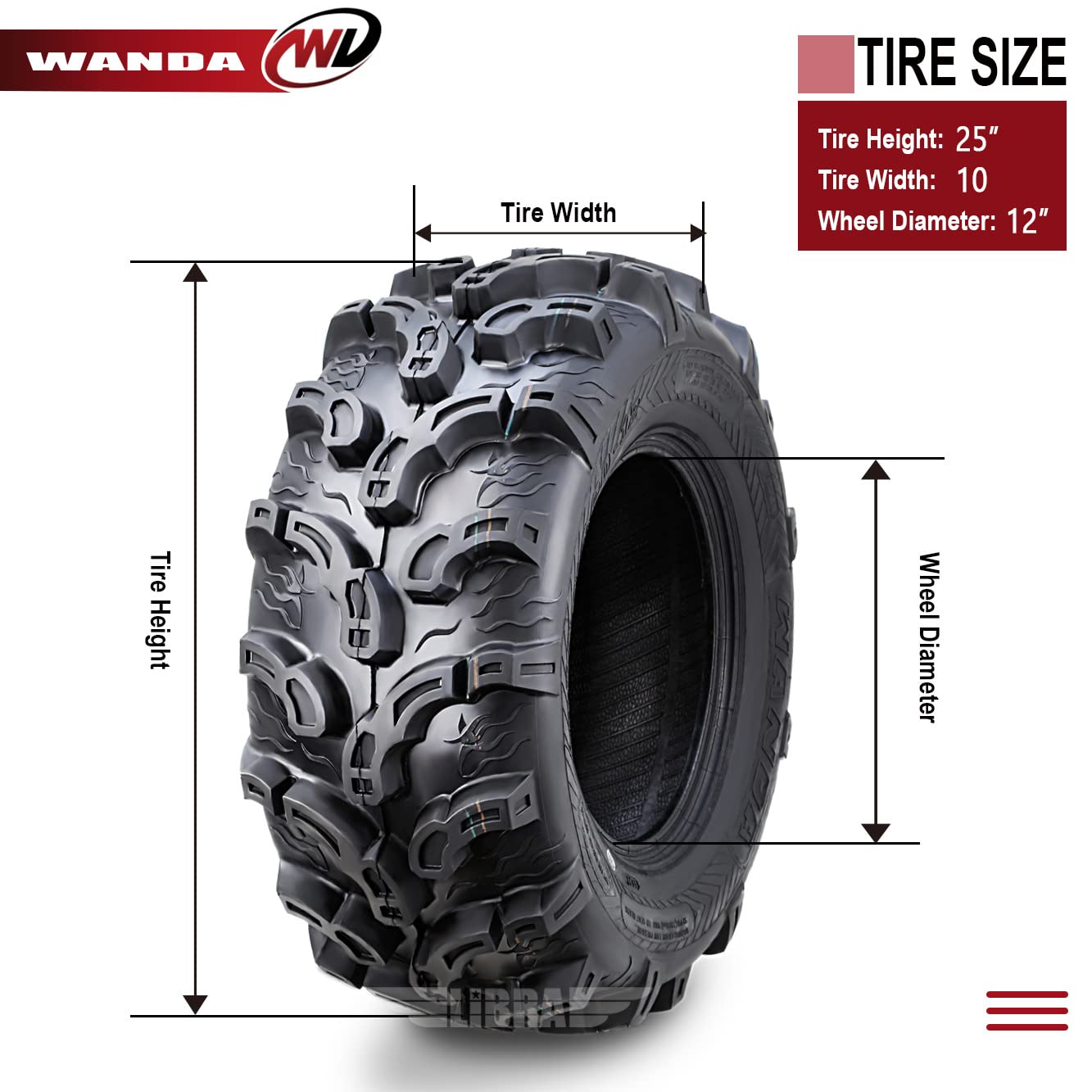 Wanda Set Of 4 New Premium Atv Tires 25X10-12 6Pr Super Lug Mud