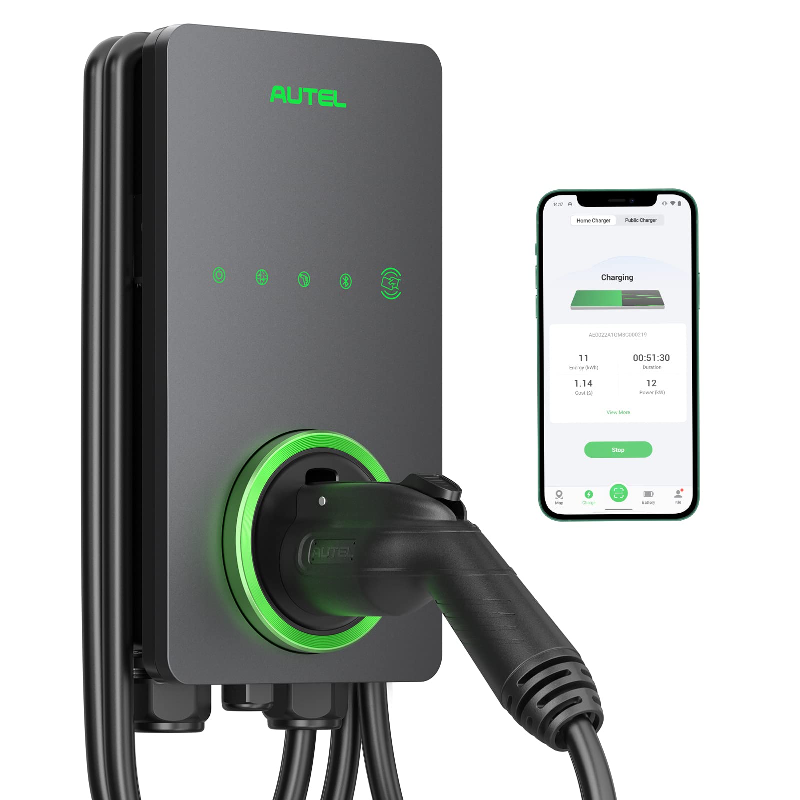 Autel Home Level 2 EV Charger 50Amp 240V Wi-Fi Bluetooth 25ft Cable Dark Gray Maxi US AC LW12