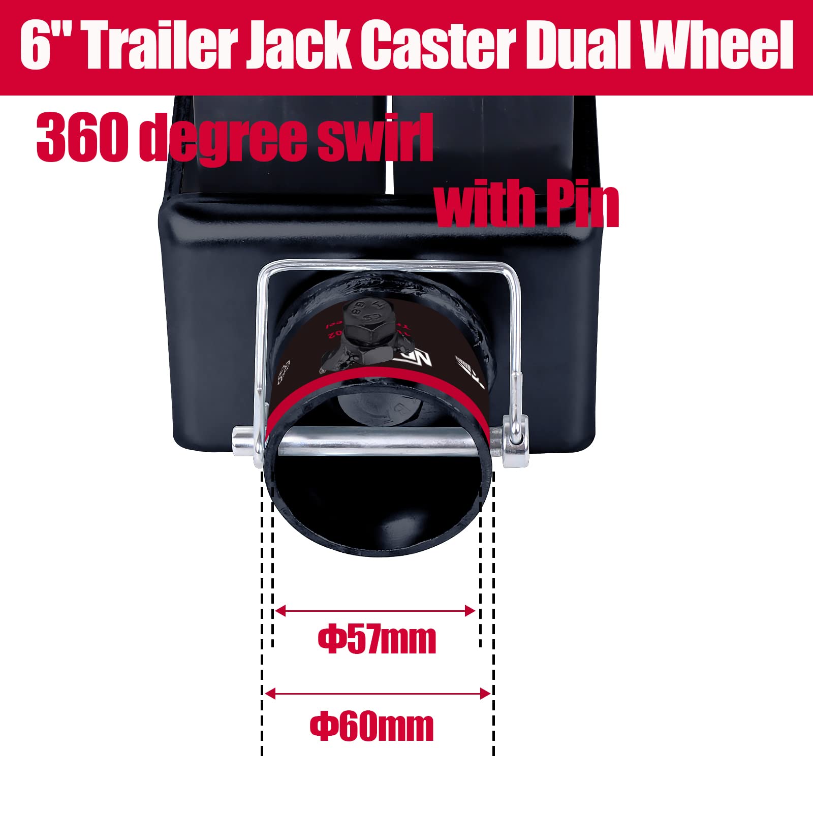 Nbjingyi 6'' 2000Lbs Dual Trailer Swirl Jack Caster Wheel With Pin Fits Any Jack Better Soft Ground Roll Black