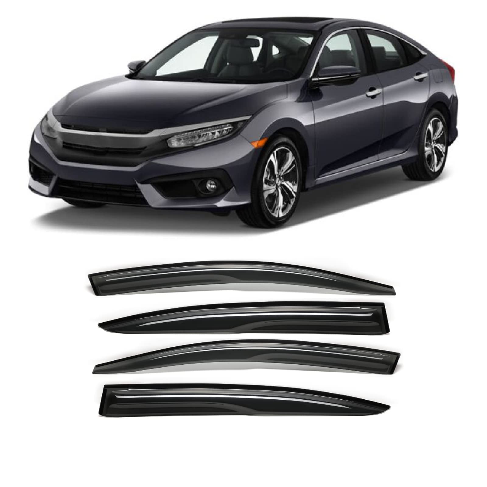 Zzdsnj Tape-On Rain Guard 4-Piece For 2012-2016 Honda Civic Sedan 4Dr Windows Visor Shield Shade Smoke 94462