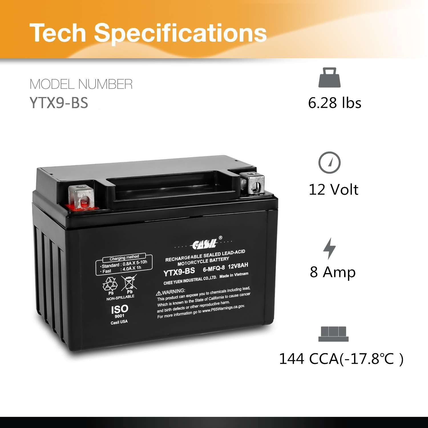Ytx9-Bs - 12V 8Ah 135 Cca - Sla Power Sport Battery Lead_Acid_Battery - Casil Battery