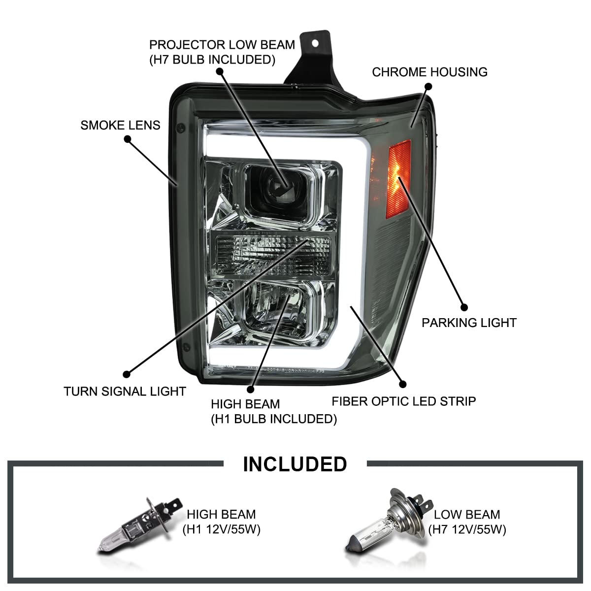 Spec-D Tuning Led Light Bar Smoke Lens Projector Headlights Compatible With 2008-2010 Ford F250/F350/F450/F550 Super Duty, Left + Right Pair Headlamps Assembly