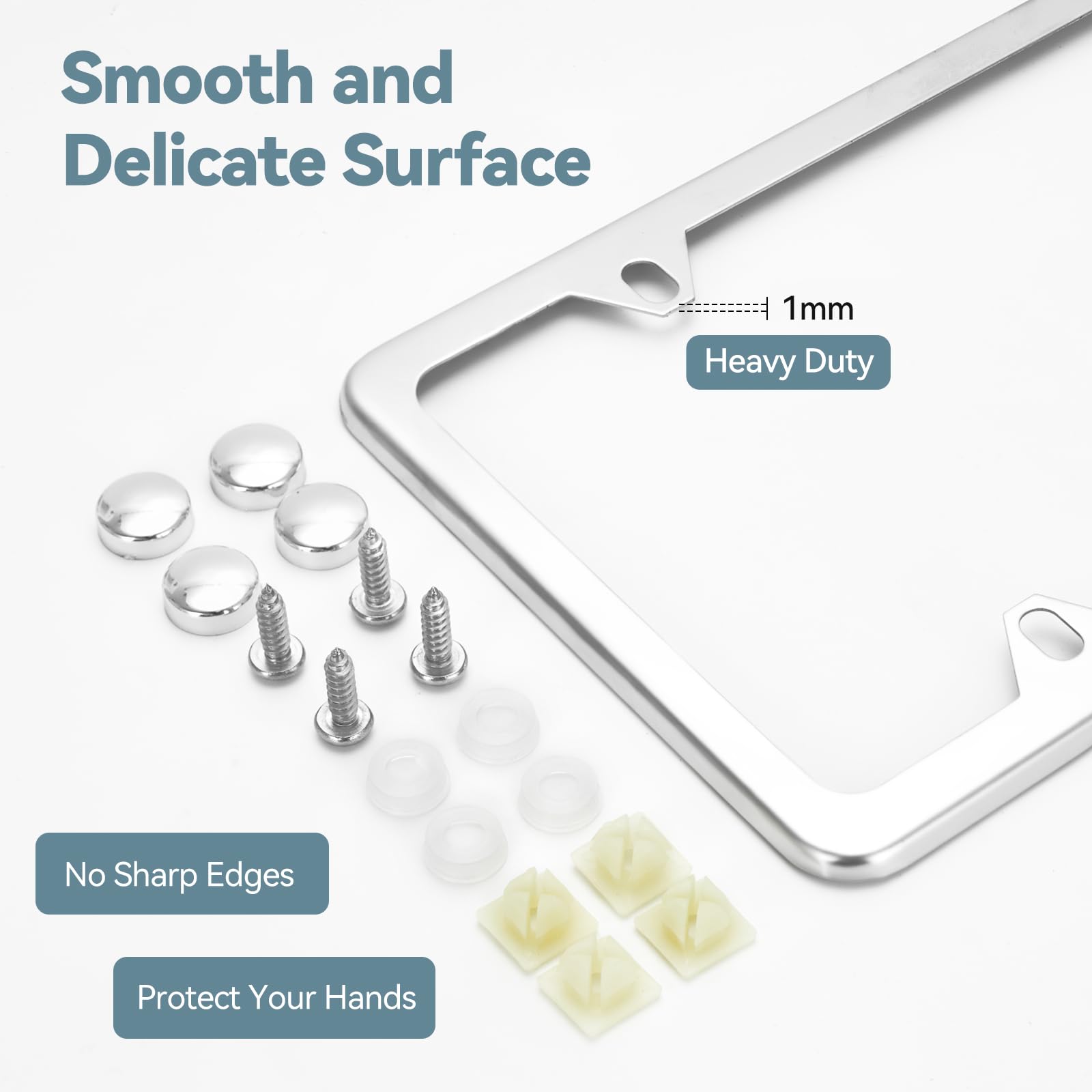 Ohuhu License Plate Frames, 2 Pcs 4 Holes Slim Stainless Steel Polish Mirror License Plate Frame + Chrome Screw Caps (Silver)