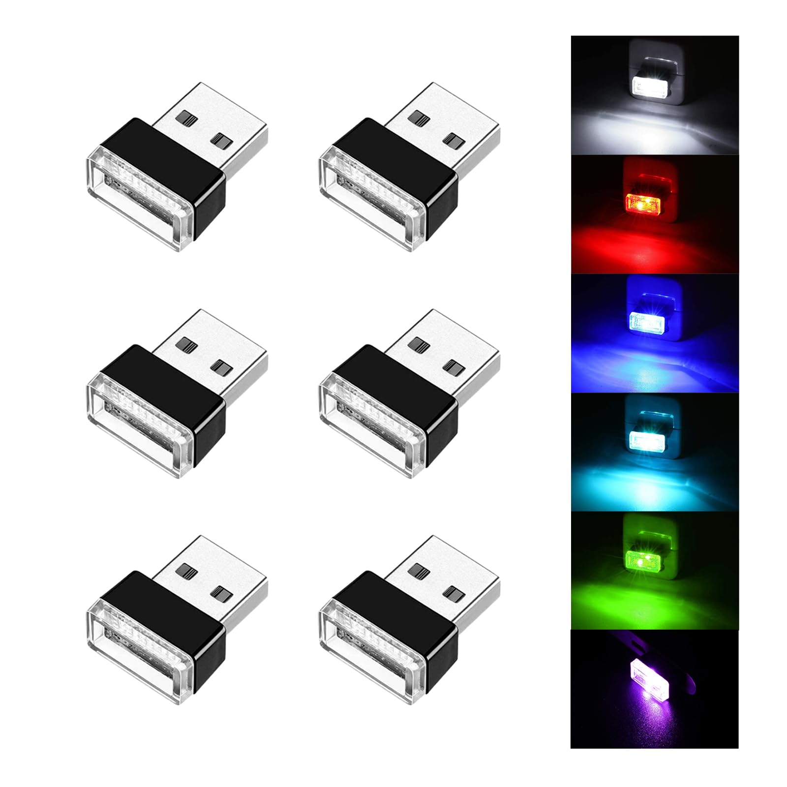 Ziciner 6 Pcs Usb Led Car Interior Atmosphere Lamp, Portable Mini Led Night Light, Plug-In Usb Interface Trunk Ambient Lighting