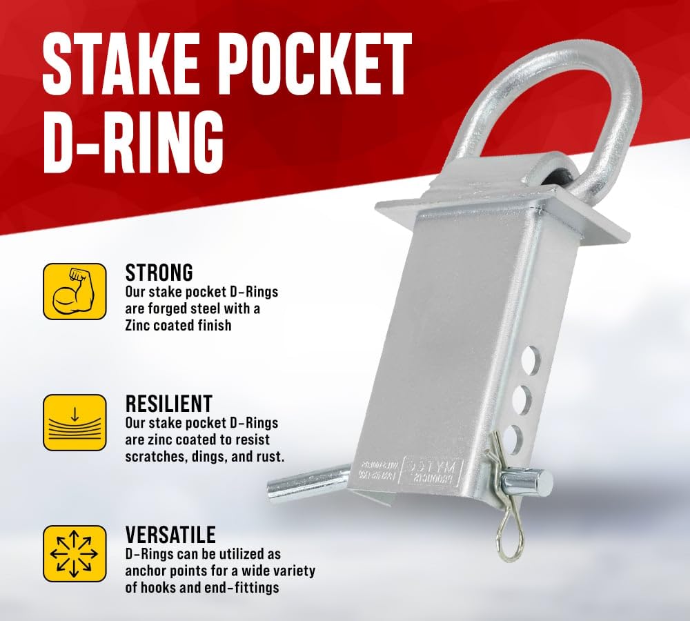 Mytee Products Heavy Duty Adjustable Trailer Stake Pocket D Ring Zinc Coated W/ 1/2'' Hitch Pin, Wll 5400 Lbs & 4 Adjustable Hol
