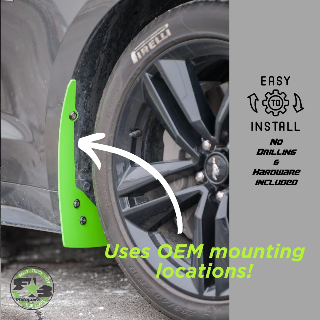 RokBlokz Splash Guards for 2015-2019 Compatible with Ford Mustang - Rock Guards Fit V6 - Ecoboost - and GT Models (Not GT350/500) (Black, Set of 4 - Front and Rear)