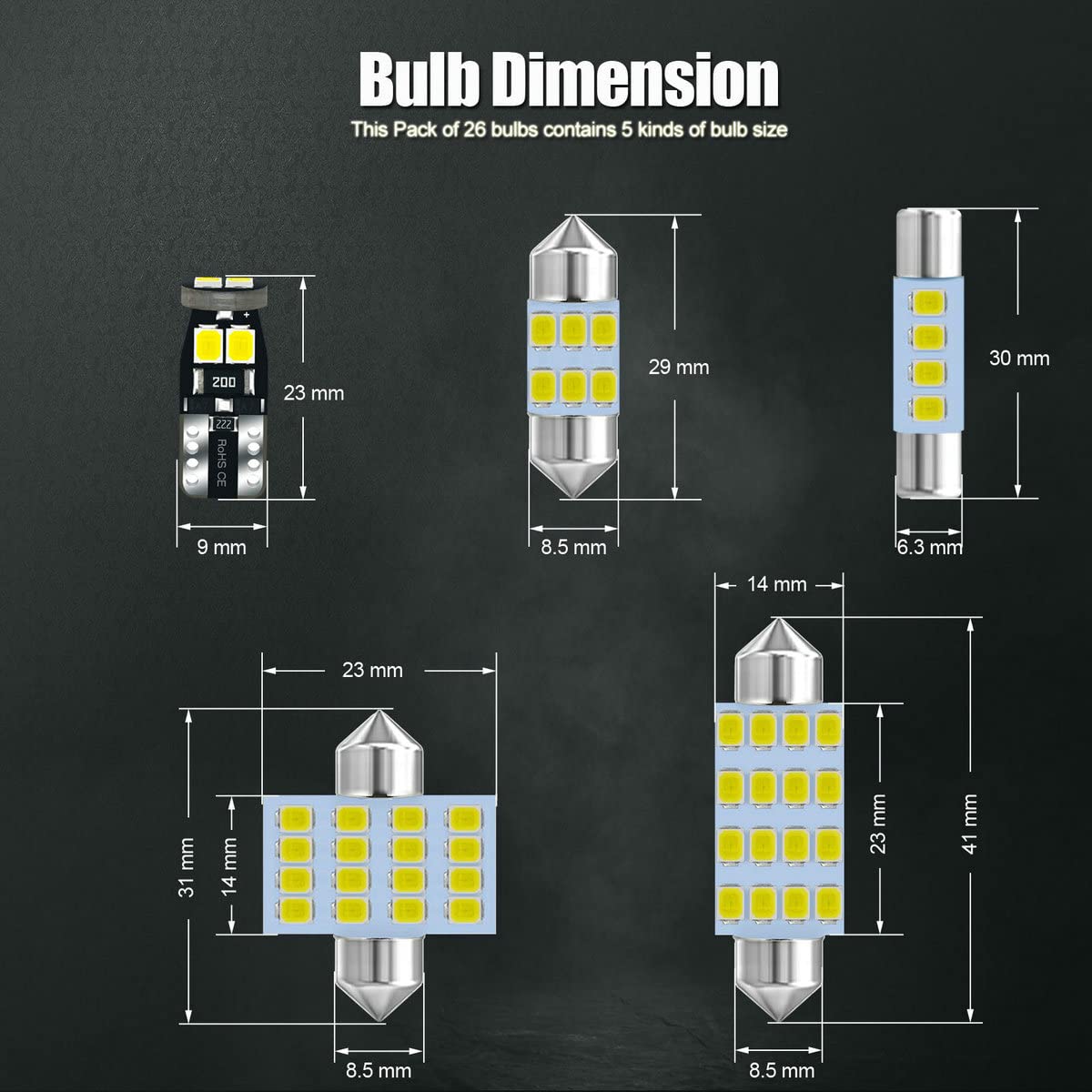 Ebaifun 26-Pack 6000K White 12V De3175 6411 T10 2825 6612F 6615F 31Mm 41Mm Led Bulb Kit For Car Truck Interior Map Dome Vanity M