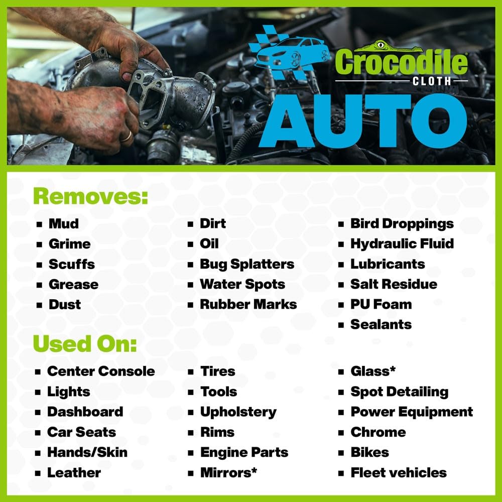 Crocodile Cloth Auto Cleaning Wipes - Car Engine Degreaser, Body Detailing, Tires Cloth Wipes - Cut Through Grease, Oil, And Adh