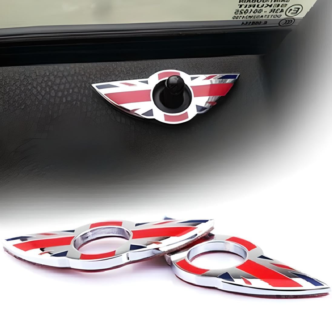 iJDMTOY (2) Union Jack Style Wing Emblem Rings Compatible with Mini Cooper R55 R56 R57 R58 R59 Door Lock Knobs, Red/Blue UK Flag Design (Does not fit R60 R61 nor F55 F56 Models)