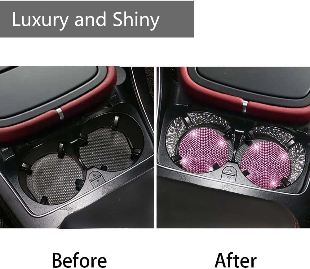 2Pcs Bling Car Cup Holder Coaster, 2.75 Inch Anti-Slip Shockproof Universal Fashion Vehicle Car Coasters Insert Bling Crystal Rhinestone Auto Automotive Interior Accessories For Women (2 Pcs, Pink)