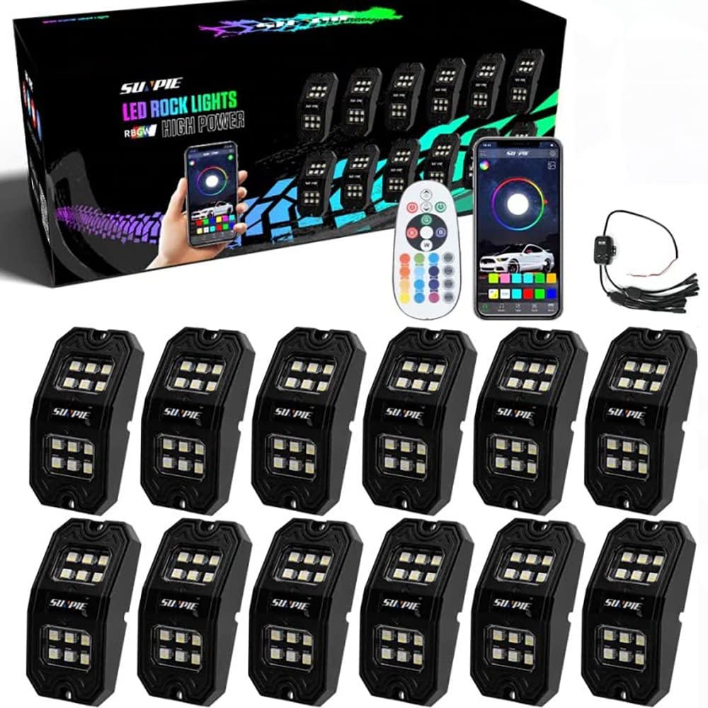 Sunpie 12 Pods Upgraded 210 Degrees Wide Angle Rgbw Rock Lights App Voice Mode Music Mode Automatic Control Neon Light Kit Wheel