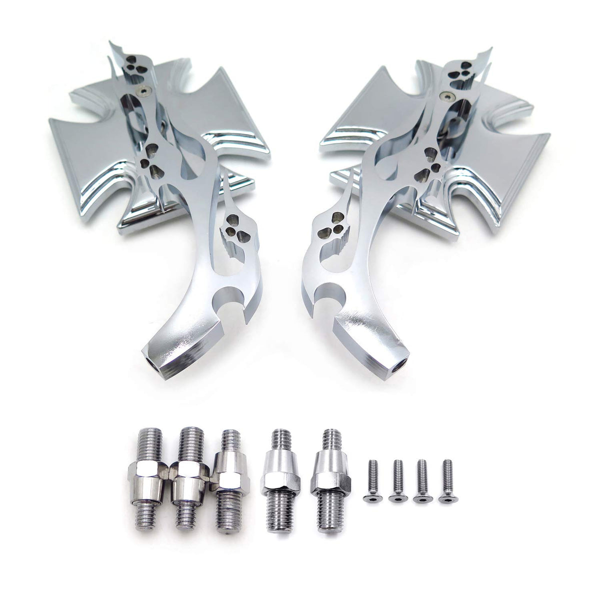 HTTMT MT252-003+TTT001- Maltese Cross Emblem Flame Style Motorbike Chromed Billet Custom Running Acrylic Mirrors Universal Compa