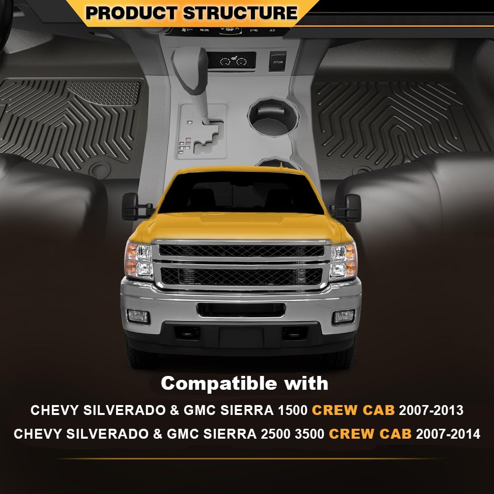 TPE 3PCS Floor Mats Liners Compatible with Chevy Silverado & GMC Sierra 1500 Crew Cab 2007-2013/2500 3500 Crew Cab 2007-2014, 1s