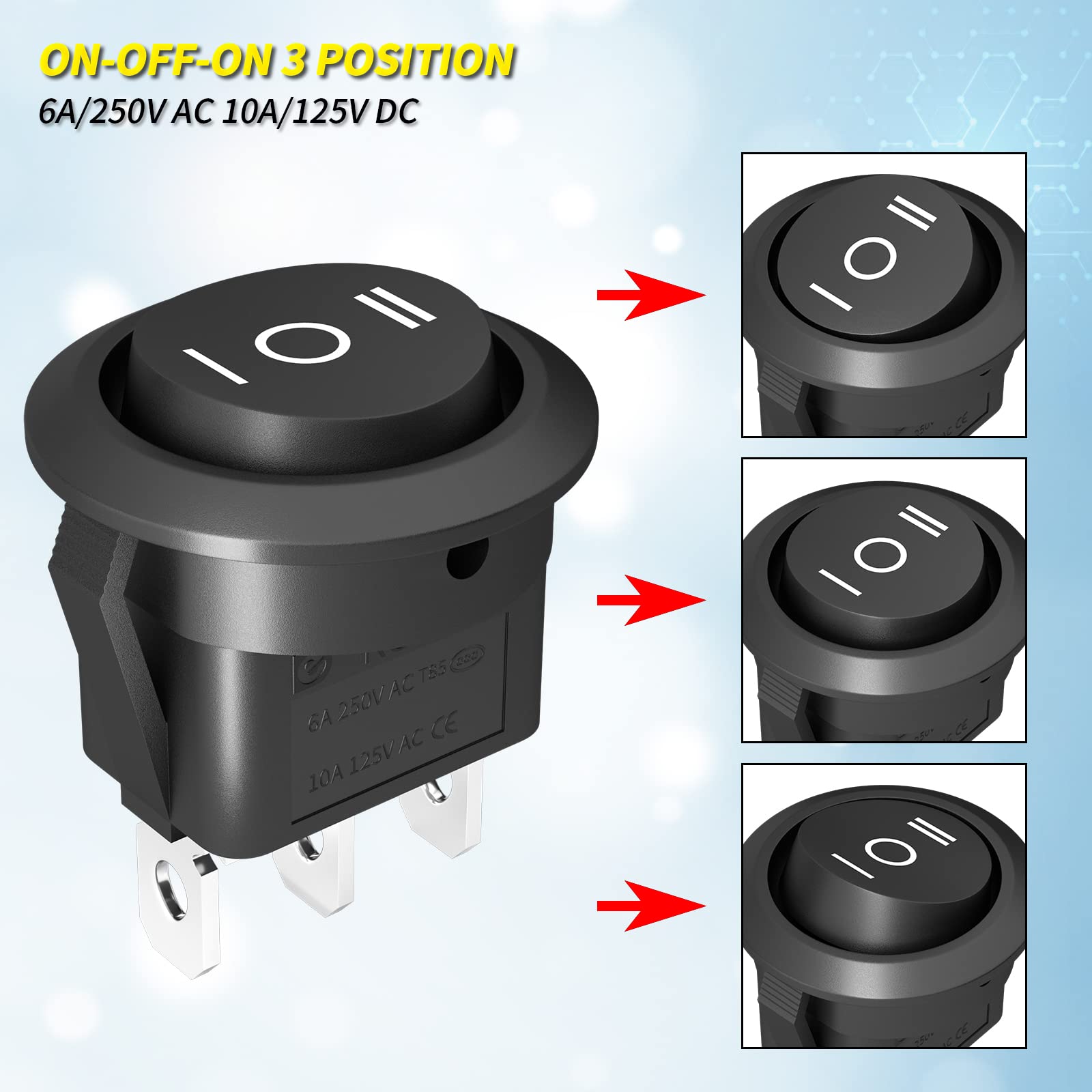 Joinfworld 3 Way Round Rocker Switch 12V, Waterproof 3 Pin 3 Position On/Off/On 6A/250V Ac 10A/125V Dc Spdt Circle Toggle Switch With Wires For Auto Car Marine Boat - 8Pack