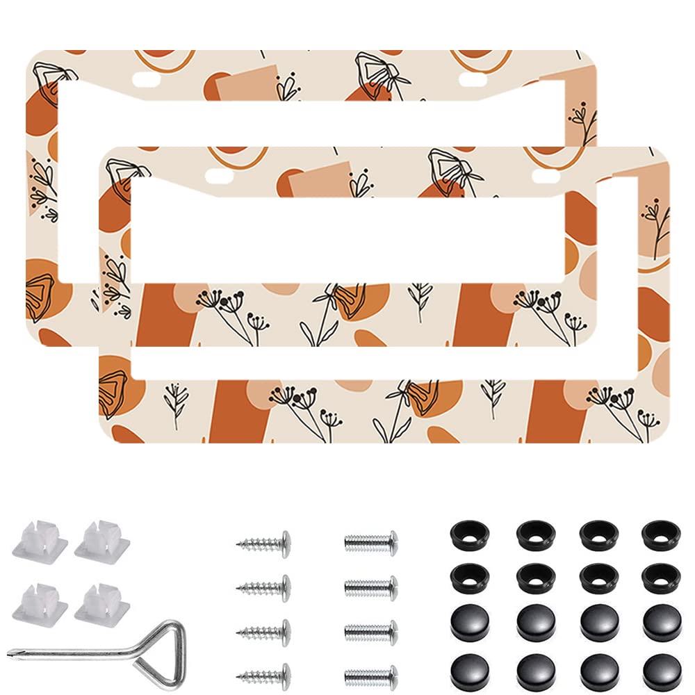 2Pcs Abstract Wildflower License Plate Frames Cover Holders Stainless Steel License Plate Cover With Screw Caps Cover And Screwd