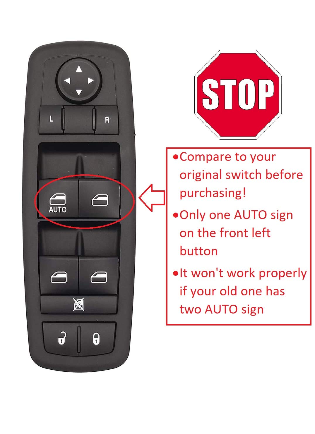 Power Window Switch Front Left For 09-10 Journey 07-11 Nitro 08-12 Liberty (Auto Down On Driver Window Only) 71040