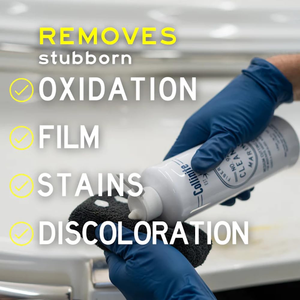 Collinite 920 Fiberglass Cleaner and 885 Paste Wax Combo Water Spot & Oxidation Remover Preps Surface Fast for Wax Protection.