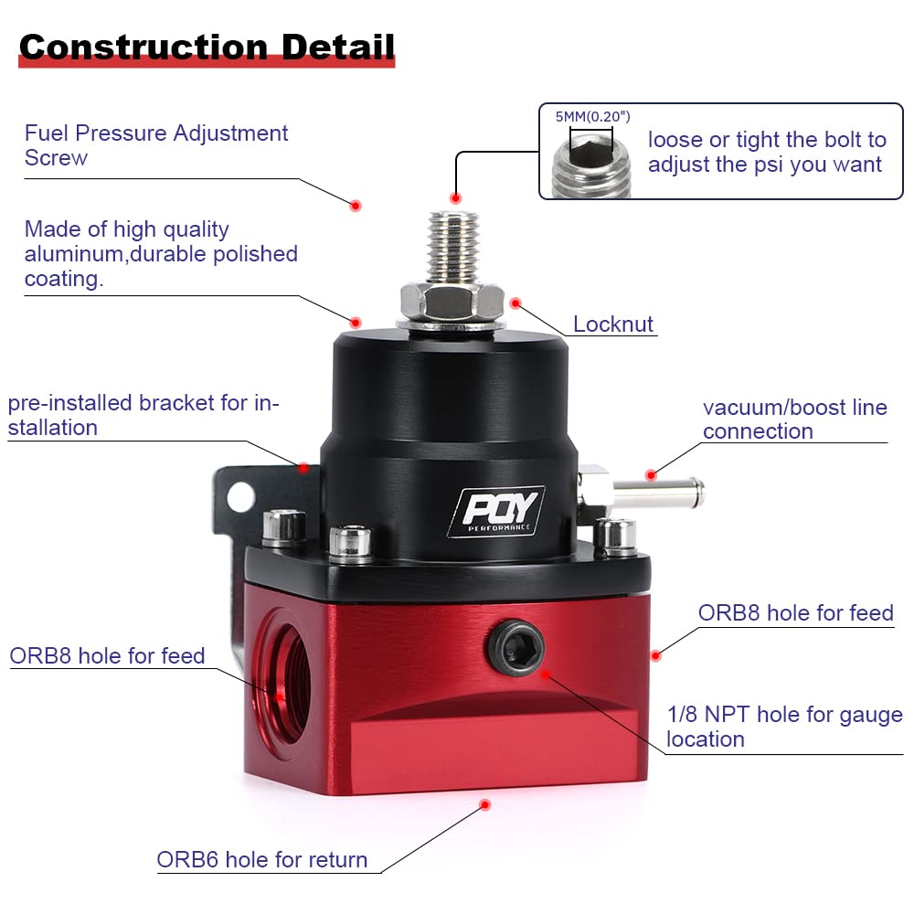 Pqy Fuel Pressure Regulator An8 Feed & An6 Return Line + 0-160Psi Gauge Set Black+Red