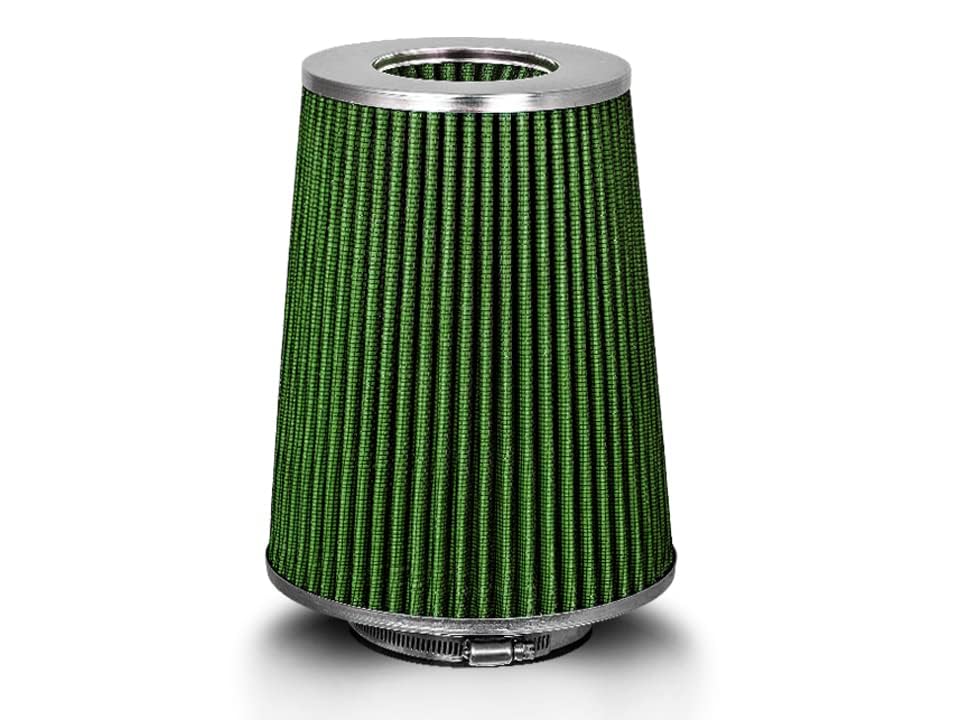 Rtunes Racing 4" Cold Air Cone Filter - Green, Stainless Steel, Model AFL4GN, Performance Washable Clamp-On, 8" Tall