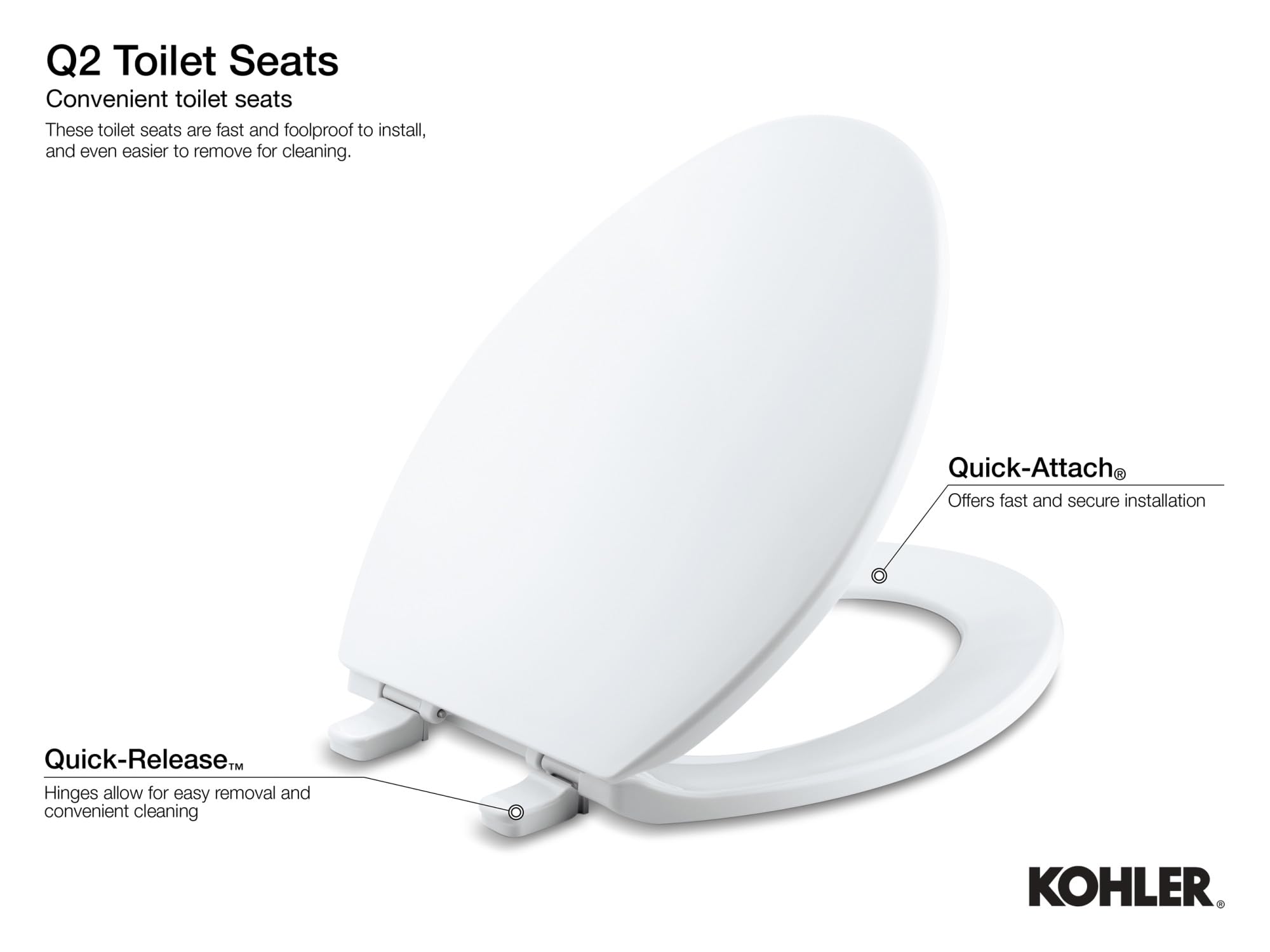 Kohler 4775-0 Brevia Round-Front Toilet Seat With Quick-Release Hinges, Grip-Tight Bumpers, White
