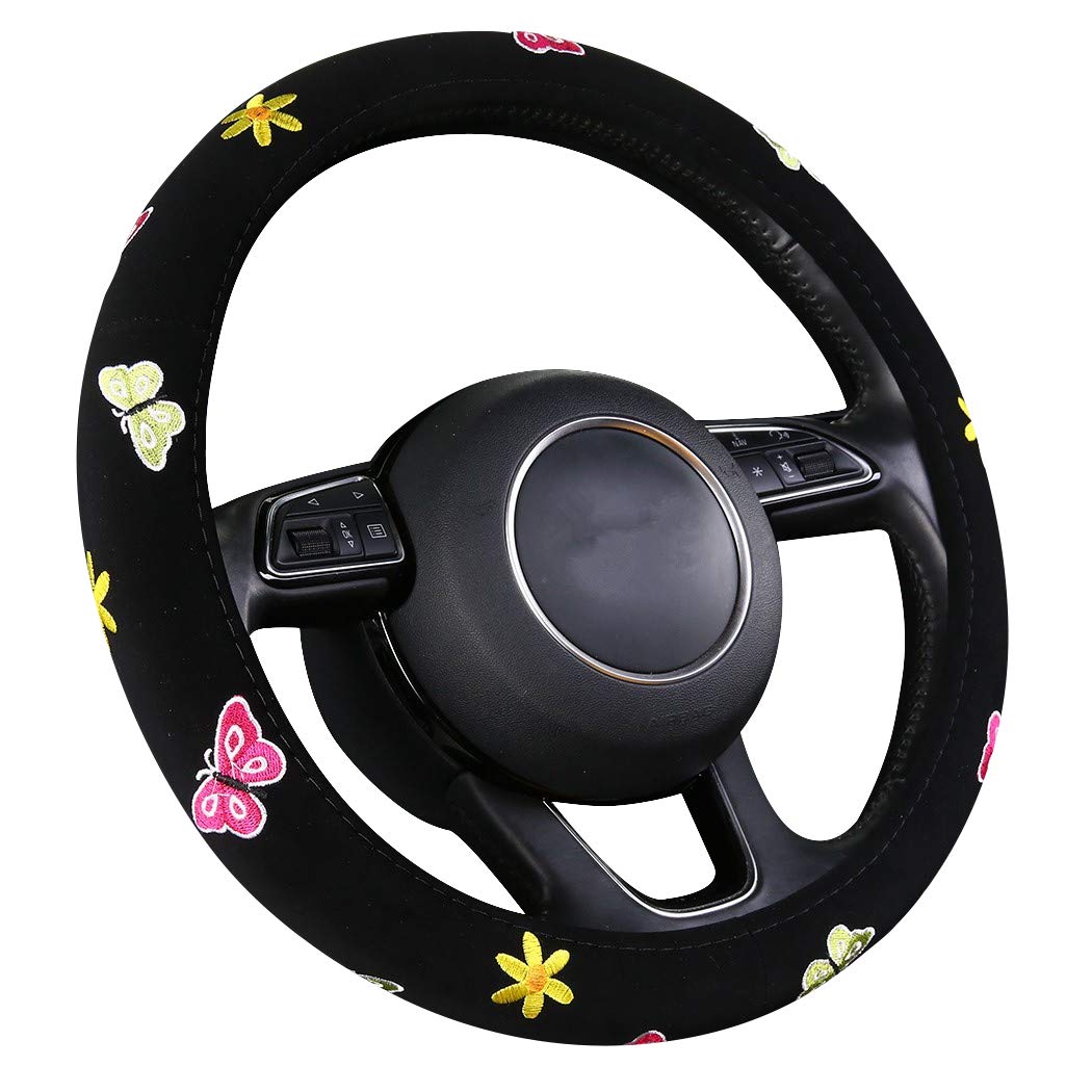 Shakar Butterfly Steering Wheel Covers- Embroidery Cute Colorful Steering Decor,Universal 15.2,Black (Black)