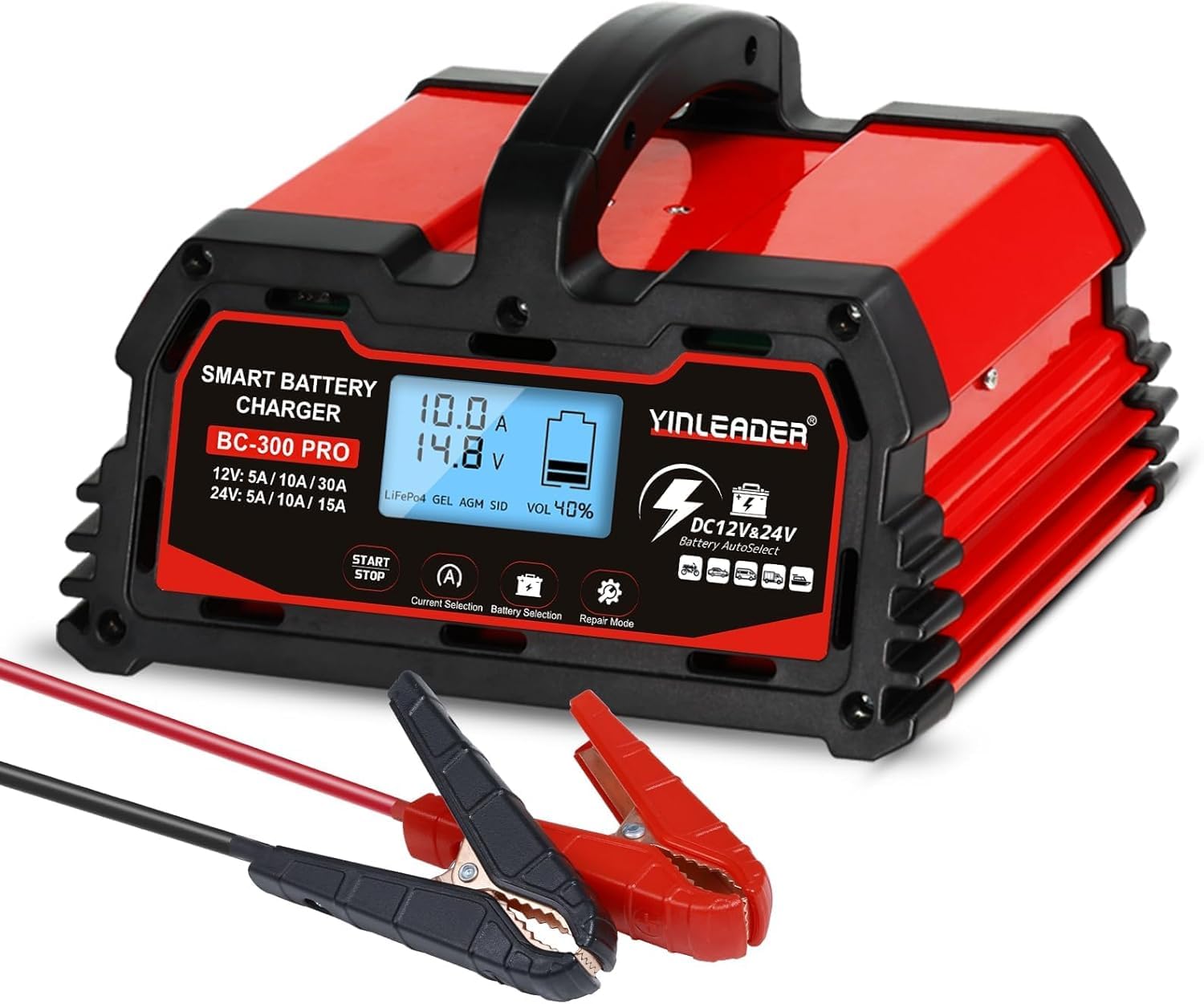 Battery Charger 30A, 12V/24V Lead Acid Smart Battery Charger, 12V LiFePO4 Car Battery Trickle Charger, Automatic Battery Maintai
