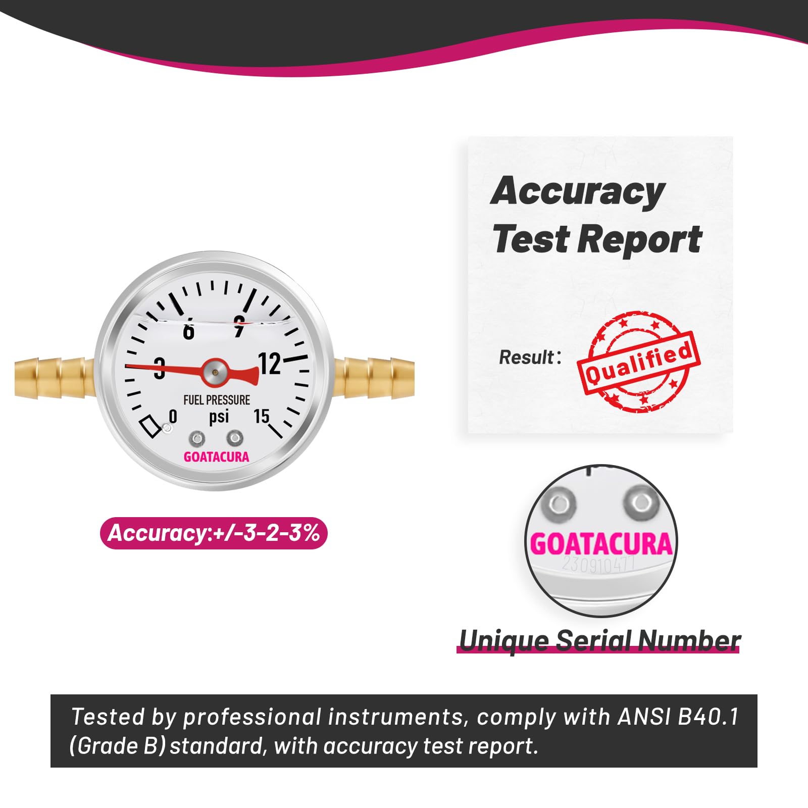 Goatacura 0-15Psi Glycerin Filled Fuel Pressure Gauge Kit, 1-1/2'' Dial Size, 304 Stainless Steel Case, 5/16'' Fuel Line Fuel Pr