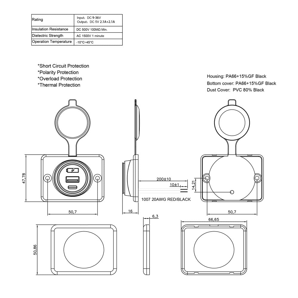 Panel Type C Usb Car Charger Socket Power Outlet With Cap, Damavo Ym1288 Dual Port 12V/24V Quick Car Charger For Cars, Bus, Rv, Boat, Automotive Marine Atv Truck Golf Cart (Surface Mount Installation)