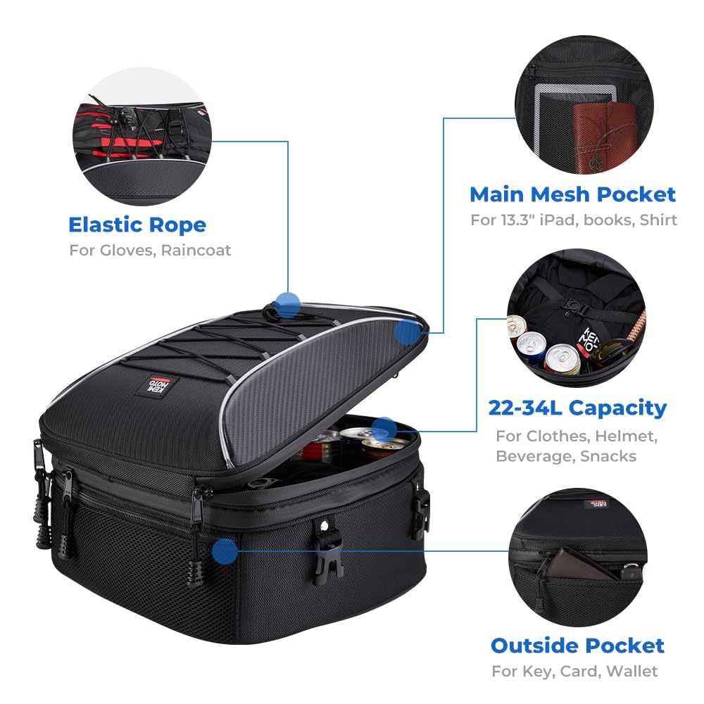 Kemimoto Motorcycle Tail Bag, Dual Use Motorcycle Rear Seat Bag With Waterproof Rain Cover, 22L-34L Expandable Motorbike Helmet