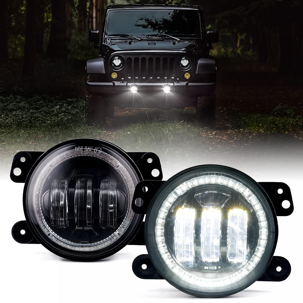 Xprite 4-Inch Led Fog Lights With White Halo Ring Angle Eye Drl, 60W Super Bright Front Bumper Fog Lamps Plug N Play Replacement