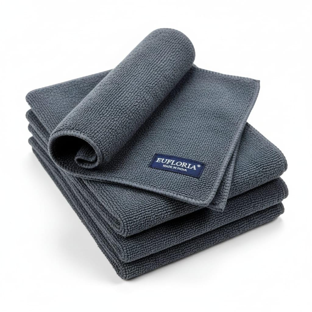 EUFLORIA Microfiber Cloth 4 PCS  4040 CM 340 GSM Grey, Thick Lint & StreakFree Multipurpose Cloths  Automotive Microfibre fo