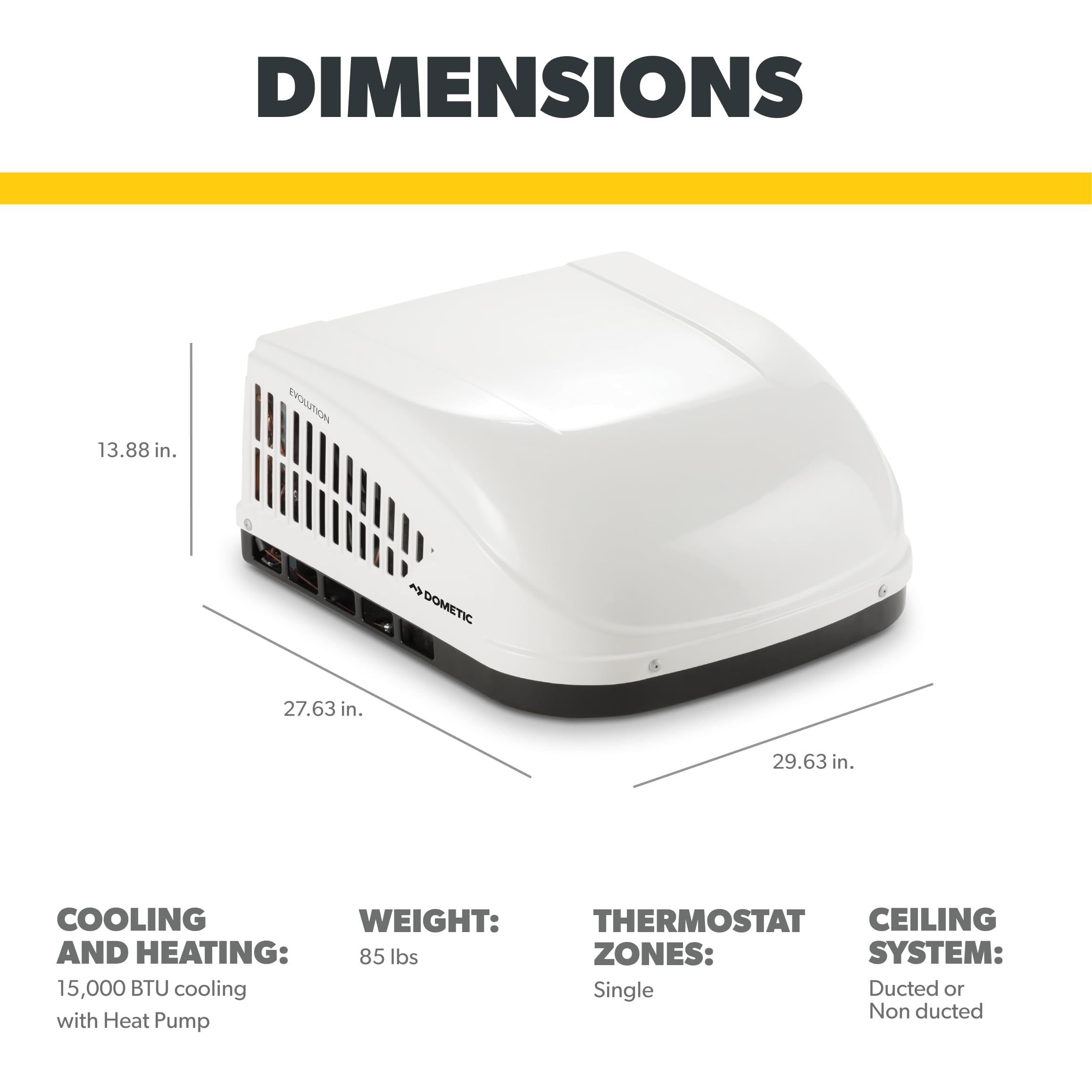 Dometic 9105304480 Brisk Ii Evolution Air Conditioner With Heat Pump - 15K Btu, Standard Profile Rooftop Heat Pump, Ducted Or Non-Ducted Application, Polar White