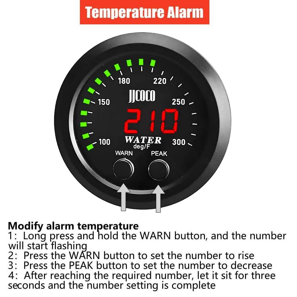 ZHSYMX Universal 52mm Water Temperature Gauge with Alarm and 1/8 Npt Sensor Car Digital Meter Red Display Green Ambient Light Te