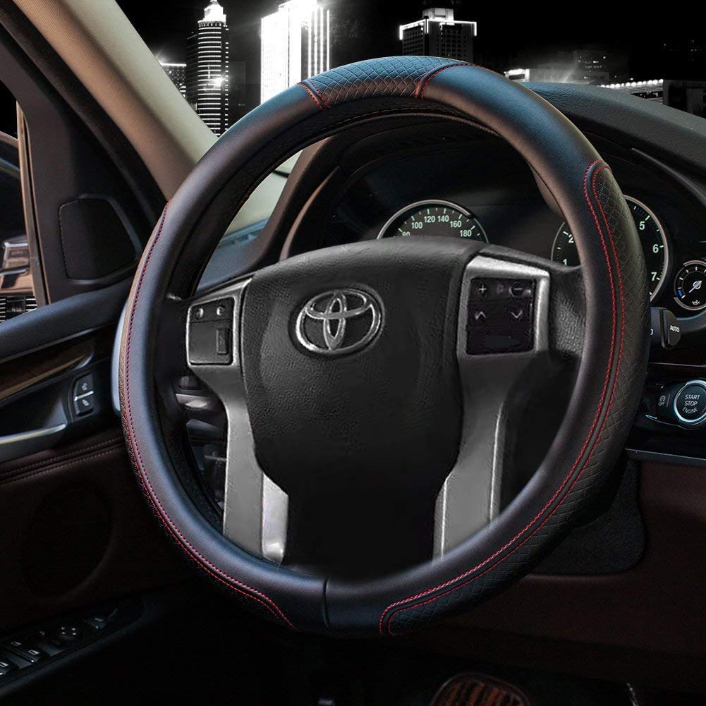 Valleycomfy Leather Steering Wheel Covers Universal 15.75 Inch -Breathable, Anti Slip & Odor Free (Black With Red Lines,L(15 1/2-16))