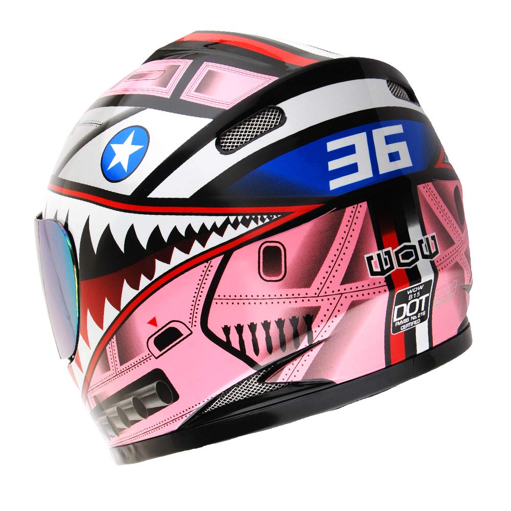 Wow Youth Motorcycle Full Face Helmet Street Bike Bmx Mx Kids Shark Pink + Mx Skeleton Glove Bundle