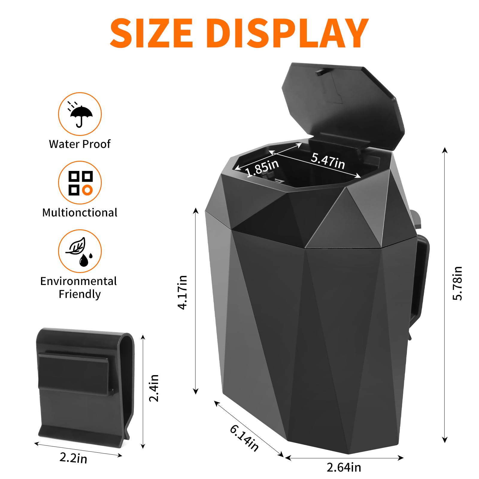 Wontolf Mini Car Trash Can Bin With Lid, Small Car Garbage Can With 60Pcs Trash Bags, Abs Diamond Design Dustbin Car Organizer Container Car Accessories For Car/Office/Home Black
