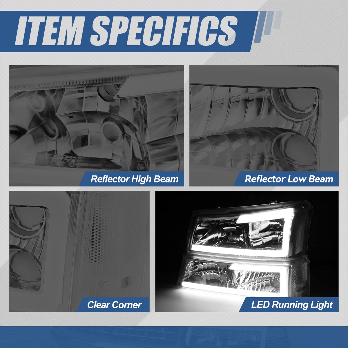 Auto Dynasty 4Pcs Led Drl Bumper Headlight Lamps Compatible With Chevy Silverado Avalanche 1500 2500 3500 03-07, Driver And Passenger Side, Smoked Lens Clear Corner