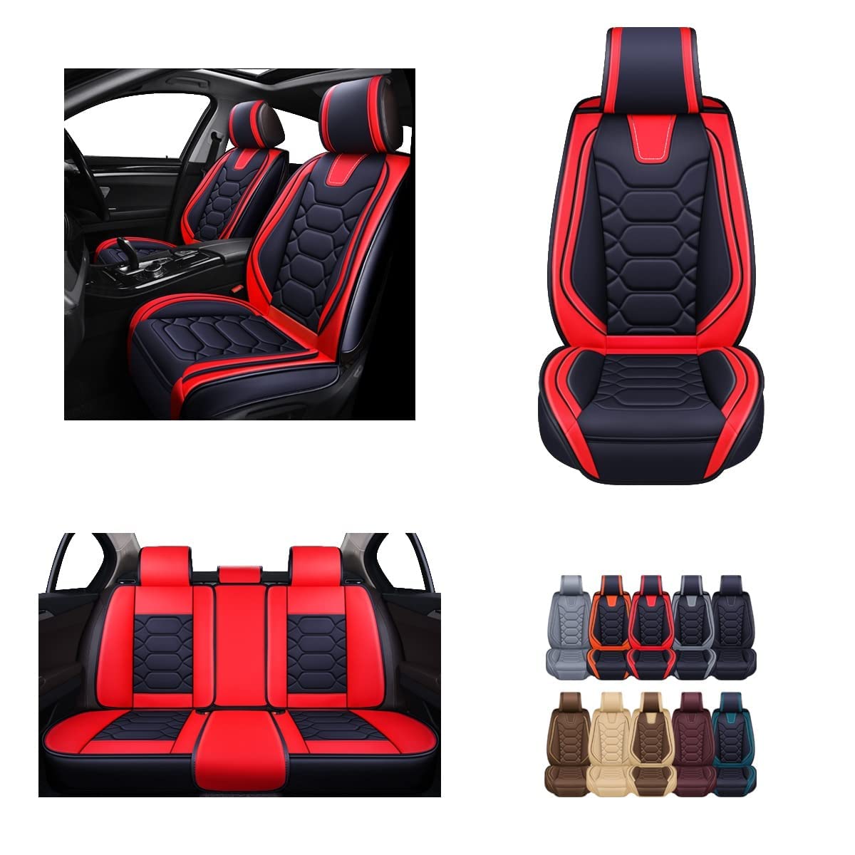 Oasis Auto Car Seat Covers Premium Waterproof Faux Leather Cushion Universal Accessories Fit Suv Truck Sedan Automotive Vehicle Auto Interior Protector Full Set (Os-004 Black&Red)